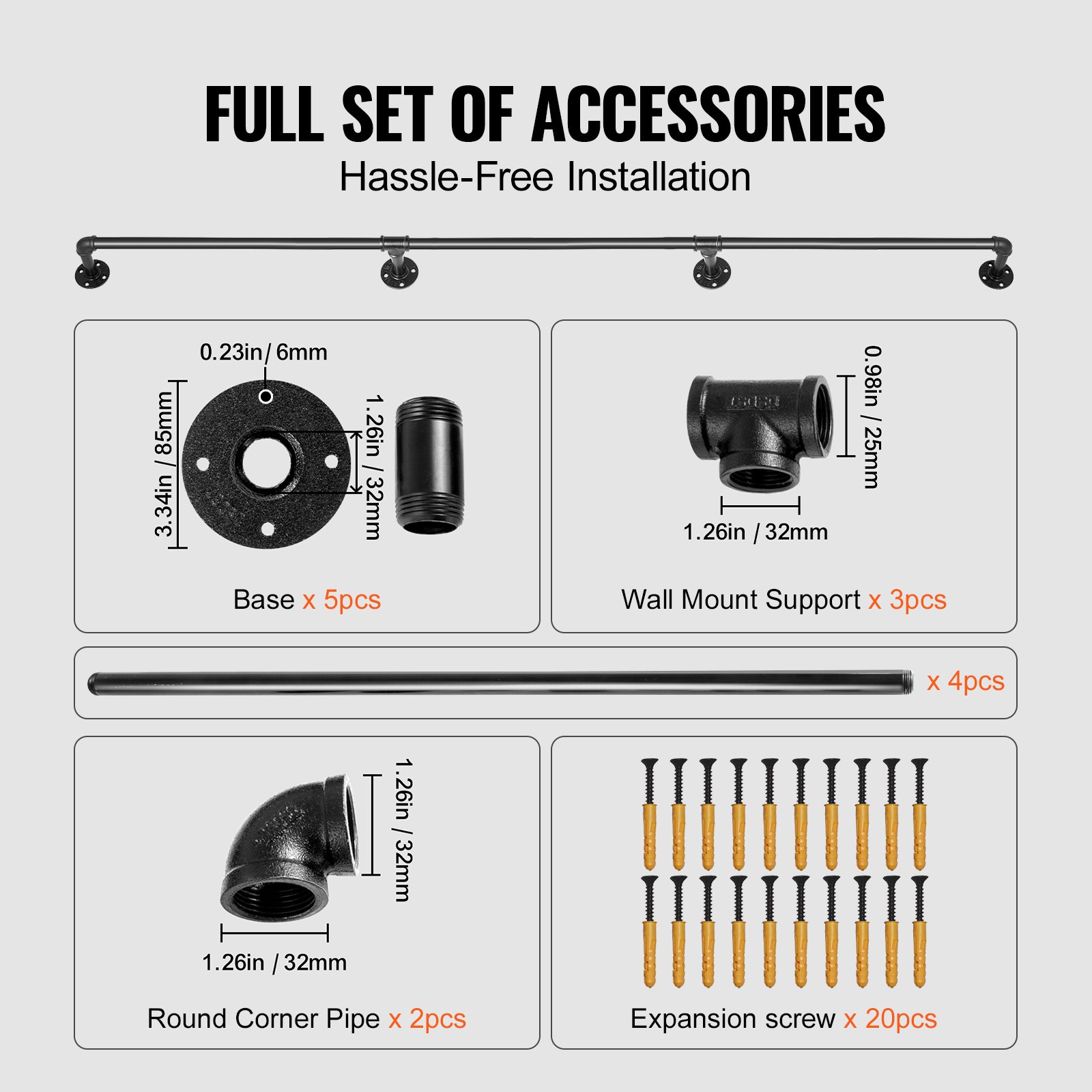 VEVOR Pipe Stair Handrail, 396.2 cm Staircase Handrail, 199.6 kg Load Capacity Carbon Steel Pipe Handrail, Industrial Pipe Handrail with Wall Mount Support, Round Corner Wall Handrailing for Indoor, Outdoor