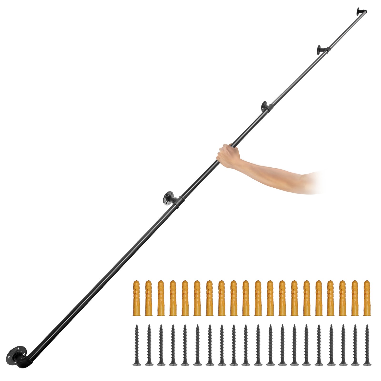 VEVOR Pipe Stair Handrail, 396.2 cm Staircase Handrail, 199.6 kg Load Capacity Carbon Steel Pipe Handrail, Industrial Pipe Handrail with Wall Mount Support, Round Corner Wall Handrailing for Indoor, Outdoor