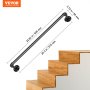 VEVOR pipe stair handrail dimensions illustration installed beside wooden stairs.