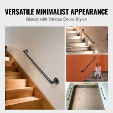 VEVOR Pipe Stair Handrail, 2FT Staircase Handrail, 440LBS Load Capacity Carbon Steel Pipe Handrail, Industrial Pipe Handrail with Wall Mount Support, Round Corner Wall Handrailings for Indoor, Outdoor