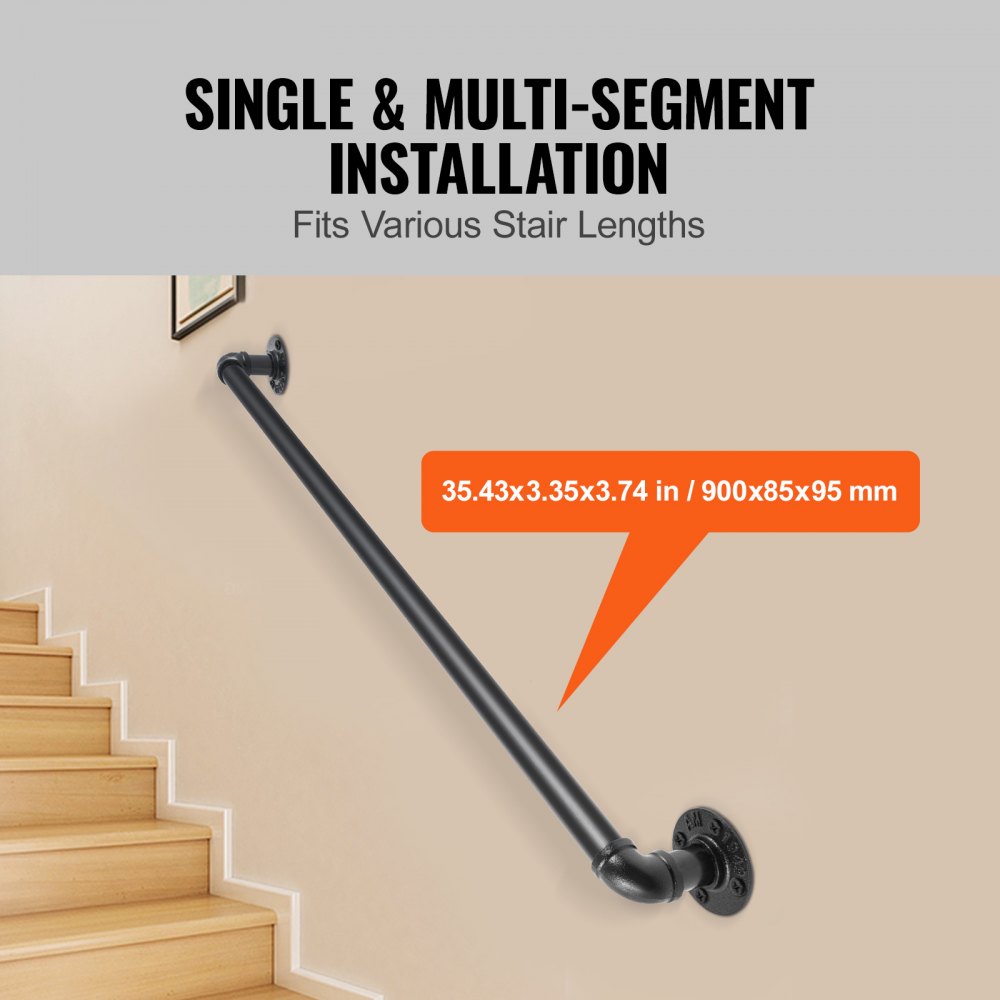VEVOR Pipe Stair Handrail, 91.4 cm Staircase Handrail, 199.6 kg Load Capacity Carbon Steel Pipe Handrail, Industrial Pipe Handrail with Wall Mount Support, Round Corner Wall Handrailings for Indoor, Outdoor