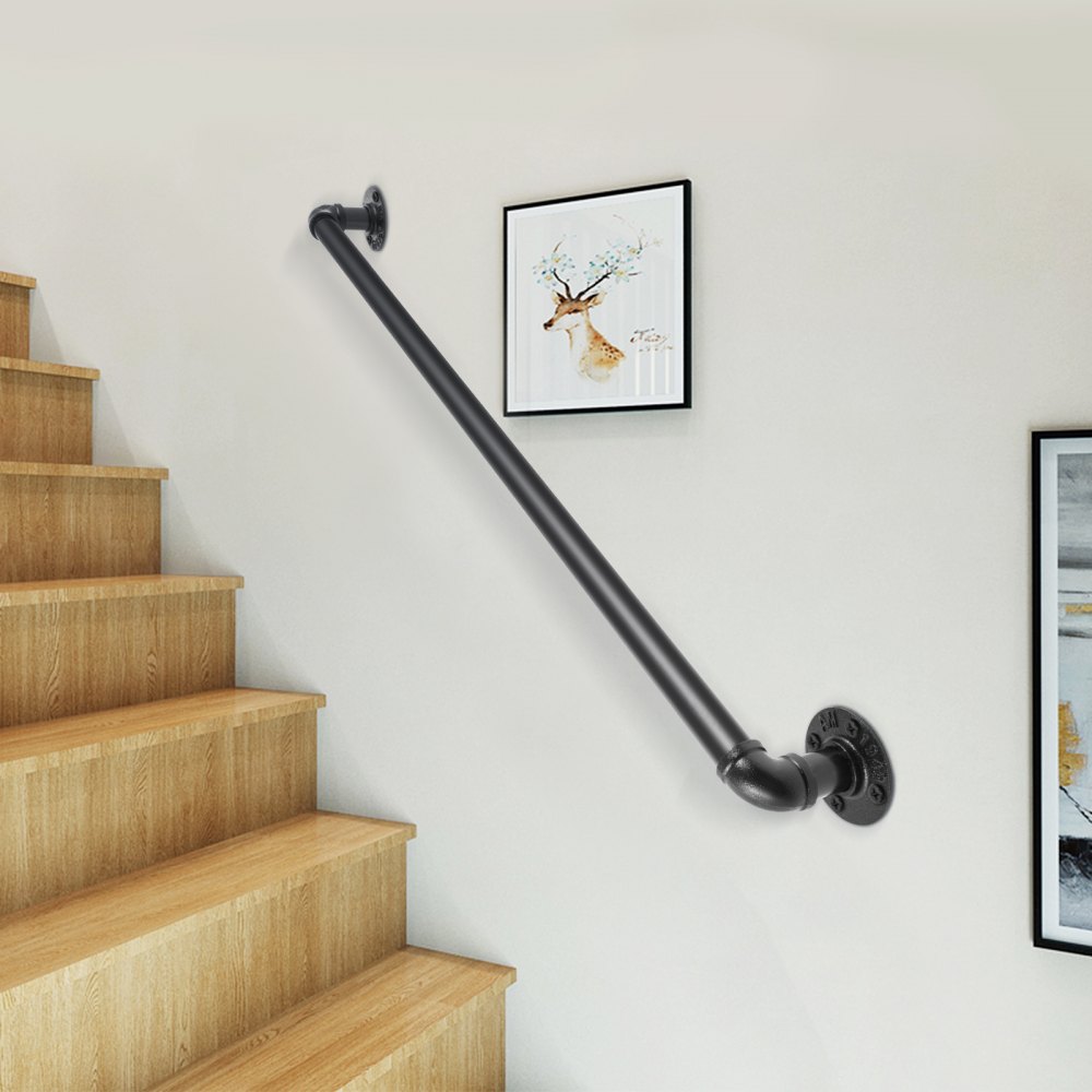 VEVOR Pipe Stair Handrail, 91.4 cm Staircase Handrail, 199.6 kg Load Capacity Carbon Steel Pipe Handrail, Industrial Pipe Handrail with Wall Mount Support, Round Corner Wall Handrailings for Indoor, Outdoor