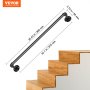 VEVOR pipe stair handrail, black, installed on wooden stairs with dimensions given.