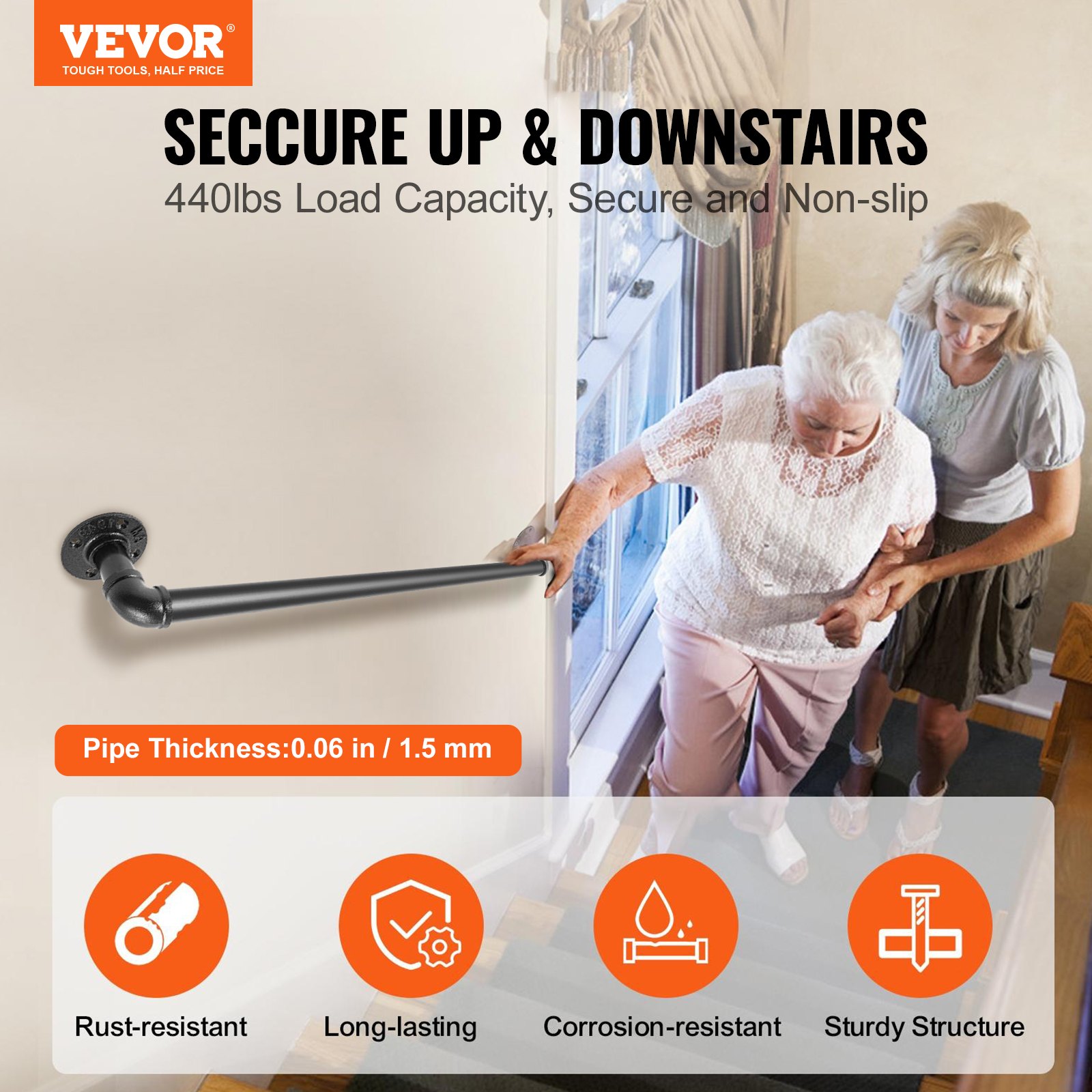 VEVOR Pipe Stair Handrail, 91.4 cm Staircase Handrail, 199.6 kg Load Capacity Carbon Steel Pipe Handrail, Industrial Pipe Handrail with Wall Mount Support, Round Corner Wall Handrailings for Indoor, Outdoor