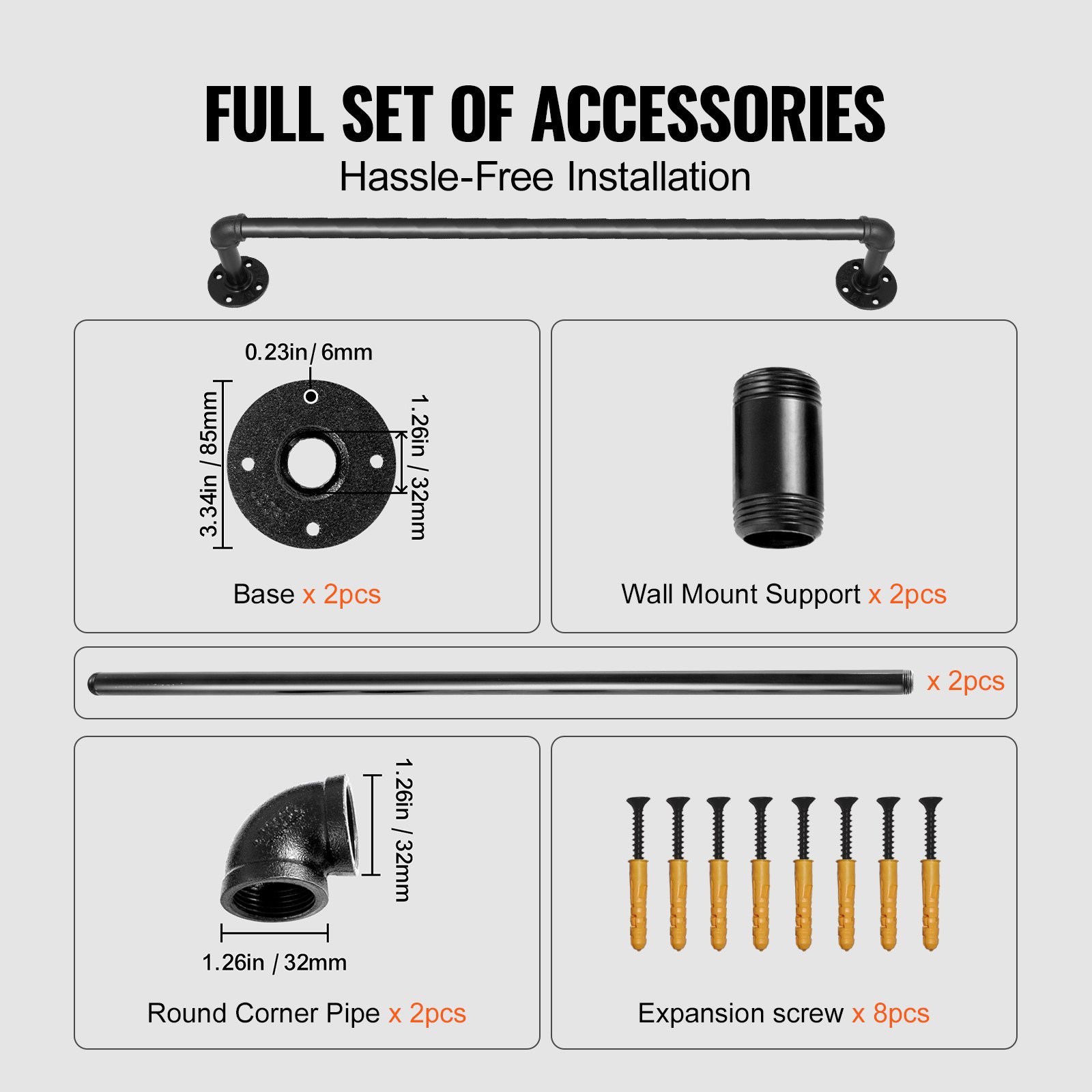 VEVOR Pipe Stair Handrail, 91.4 cm Staircase Handrail, 199.6 kg Load Capacity Carbon Steel Pipe Handrail, Industrial Pipe Handrail with Wall Mount Support, Round Corner Wall Handrailings for Indoor, Outdoor