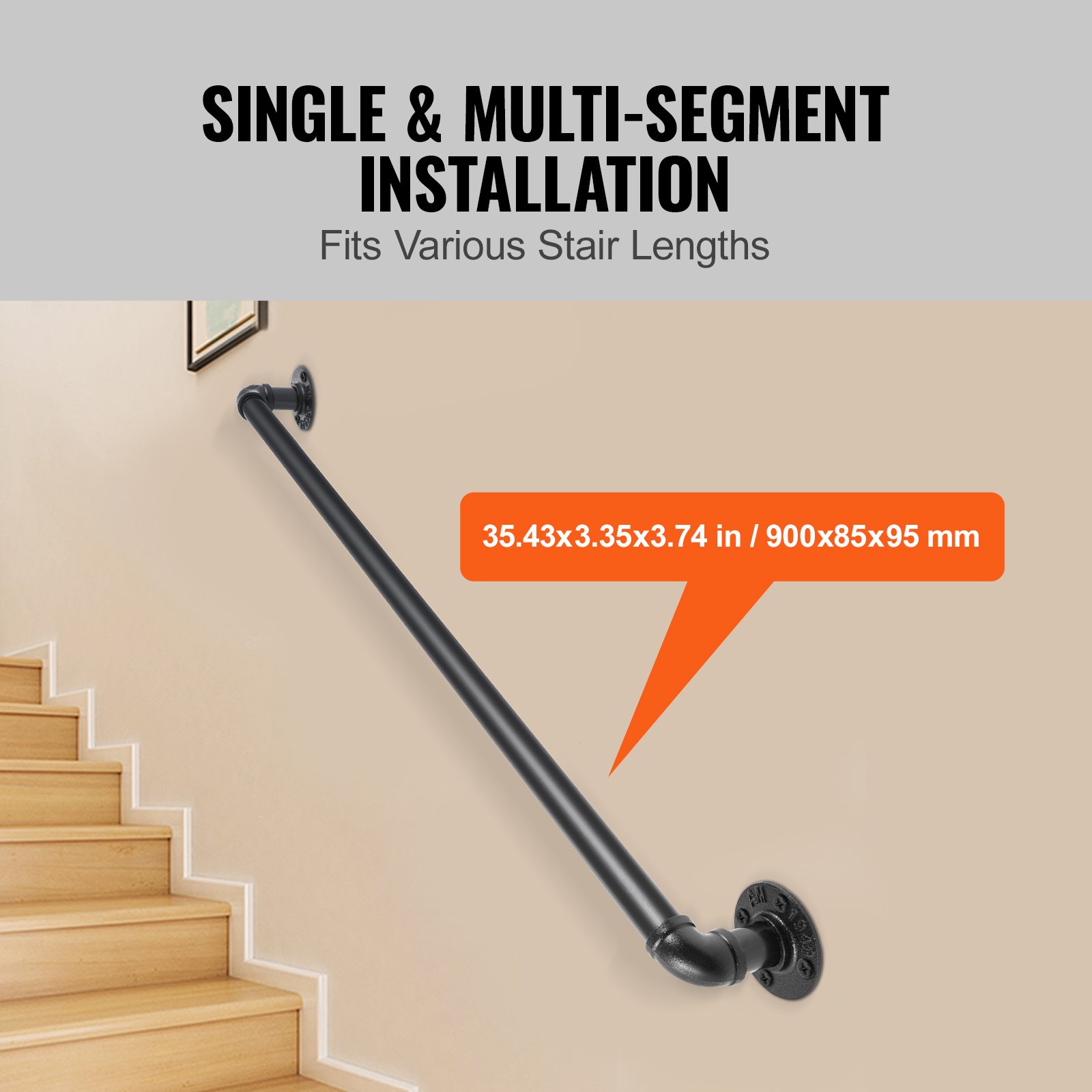 VEVOR Pipe Stair Handrail, 91.4 cm Staircase Handrail, 199.6 kg Load Capacity Carbon Steel Pipe Handrail, Industrial Pipe Handrail with Wall Mount Support, Round Corner Wall Handrailings for Indoor, Outdoor