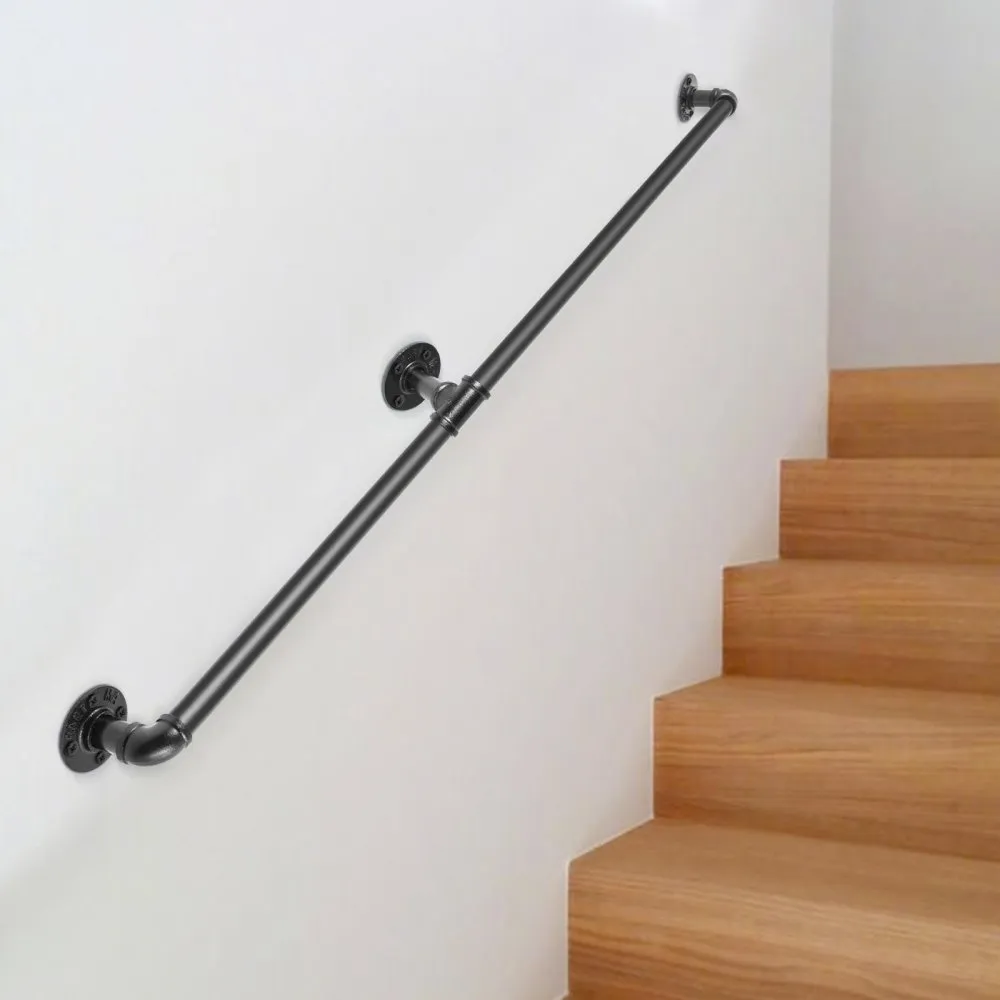 staircase with VEVOR pipe stair handrail on wooden steps against white wall.