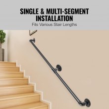 VEVOR Pipe Stair Handrail, 6FT Staircase Handrail, 440LBS Load Capacity Carbon Steel Pipe Handrail, Industrial Pipe Handrail with Wall Mount Support, Round Corner Wall Handrailings for Indoor, Outdoor