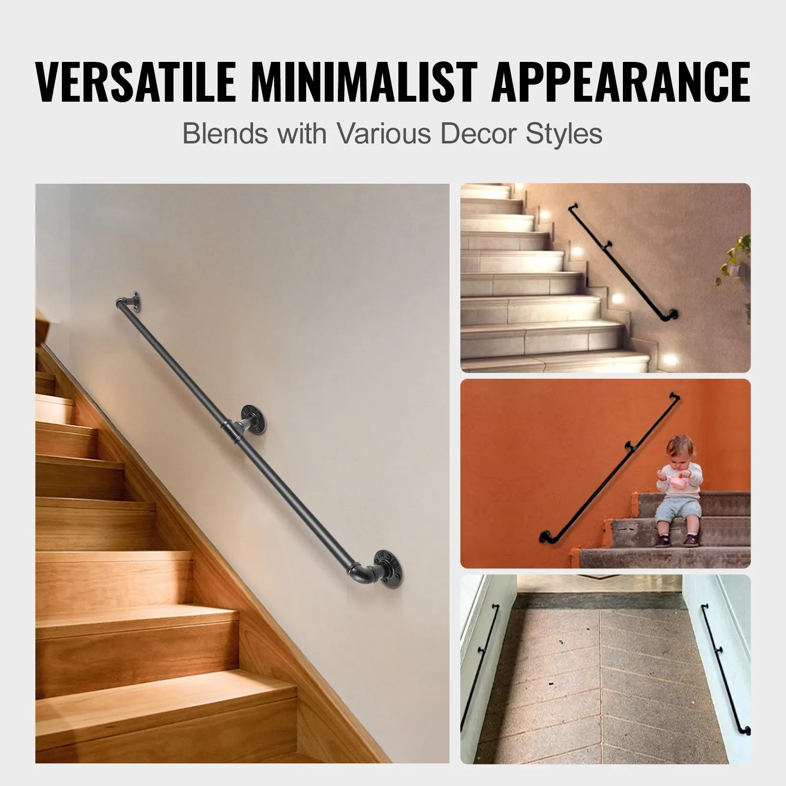 VEVOR pipe stair handrail for versatile minimalistic home and outdoor decor.