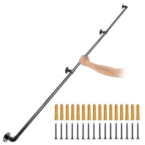 VEVOR Pipe Stair Handrail, 8FT Staircase Handrail, 440LBS Load Capacity Carbon Steel Pipe Handrail, Industrial Pipe Handrail with Wall Mount Support, Round Corner Wall Handrailings for Indoor, Outdoor