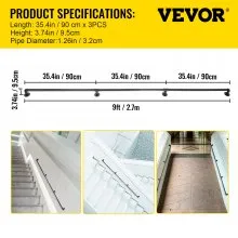 VEVOR Pipe Stair Handrail, 274.3 cm Staircase Handrail, 199.6 kg Load Capacity Carbon Steel Pipe Handrail, Industrial Pipe Handrail with Wall Mount Support, Round Corner Wall Handrailings for Indoor, Outdoor