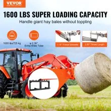 VEVOR 49" Hay Spear, Bale Spears 1600lbs Loading Capacity, Skid Steer Loader Tractor Attachment with 2pcs 17.5" Stabilizer Spears, Quick Attach Spike Forks
