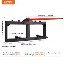 VEVOR 49" Hay Spear, Bale Spears 1600lbs Loading Capacity, Skid Steer Loader Tractor Attachment with 2pcs 17.5" Stabilizer Spears, Quick Attach Spike Forks