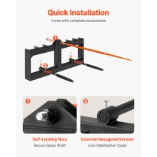 VEVOR Lance à foin de 49 po, lances à balles, capacité de chargement de 1 600 lb, accessoire de tracteur pour chargeuse à direction à glissement avec 2 lances stabilisatrices de 17,5 po, fourches à pointes à fixation rapide