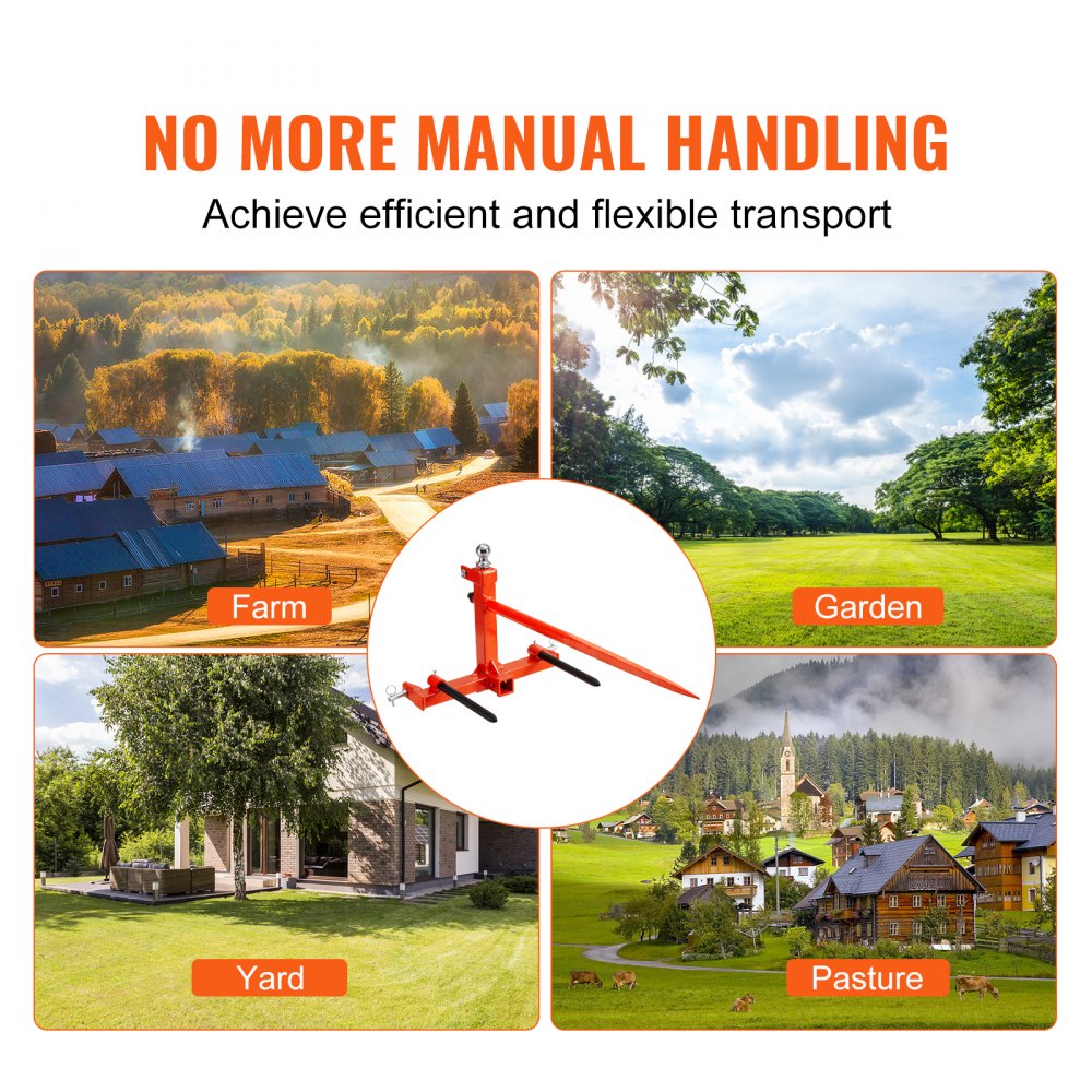VEVOR 49" Hay Spear, Bale Spears 726kg Loading Capacity, Three-Point Hitch Tractor Attachment with 2pcs 17.5" Stabilizer Spears, Quick Attach Spike Forks