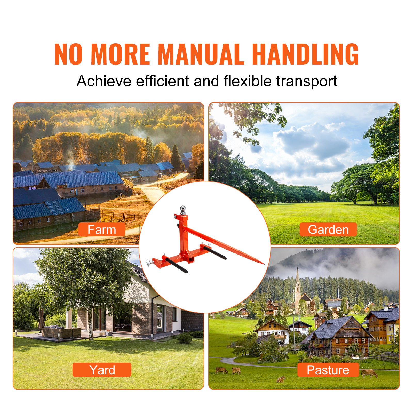 VEVOR 49" Hay Spear, Bale Spears 726kg Loading Capacity, Three-Point Hitch Tractor Attachment with 2pcs 17.5" Stabilizer Spears, Quick Attach Spike Forks