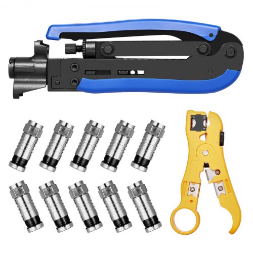 VEVOR Coax Cable Crimper Kit – Compression Tool, Stripper & 30 RG6 Connectors For RG6/RG59/RG11