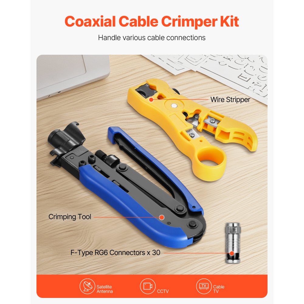 VEVOR Coax Cable Crimper Kit, Coaxial Cable Compression Kit with a Crimping Tool, a Wire Stripper, and 30PCS F-Type RG6 Connector, Compatible with RG6, RG59, RG11 Coax Cable, Lightweight & Portable