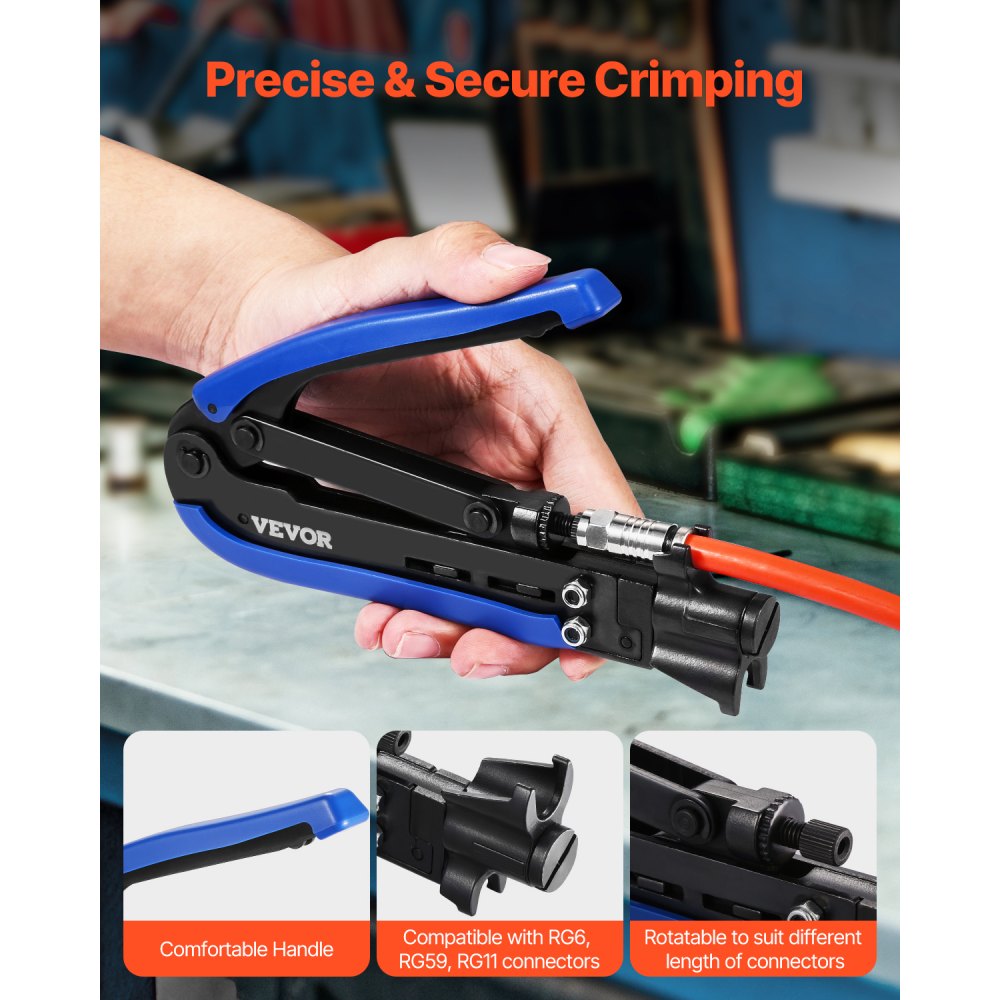 VEVOR Coax Cable Crimper Kit, Coaxial Cable Compression Kit with a Crimping Tool, a Wire Stripper, and 30PCS F-Type RG6 Connector, Compatible with RG6, RG59, RG11 Coax Cable, Lightweight & Portable