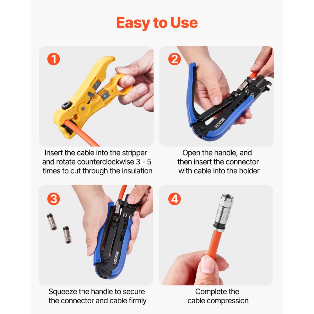 VEVOR Coax Cable Crimper Kit, Coaxial Cable Compression Kit with a Crimping Tool, a Wire Stripper, and 30PCS F-Type RG6 Connector, Compatible with RG6, RG59, RG11 Coax Cable, Lightweight & Portable