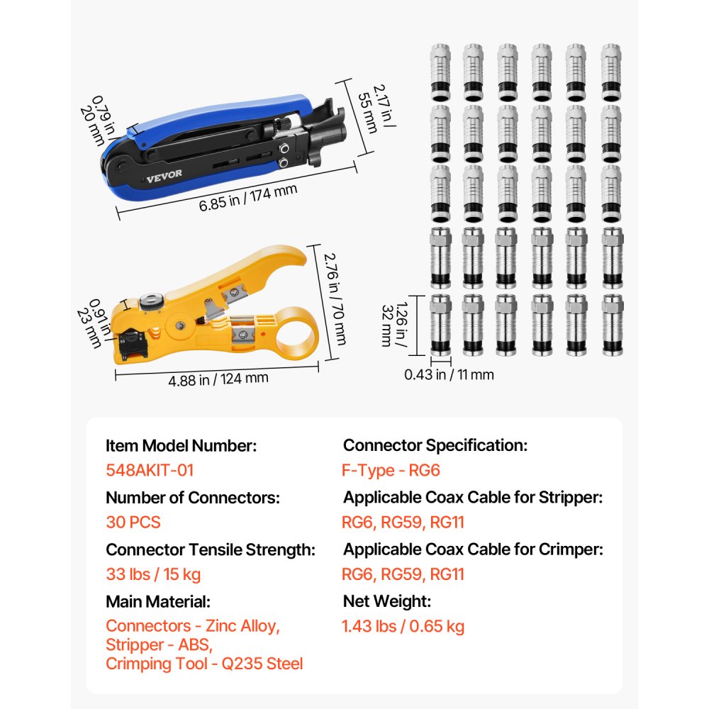 VEVOR Coax Cable Crimper Kit, Coaxial Cable Compression Kit with a Crimping Tool, a Wire Stripper, and 30PCS F-Type RG6 Connector, Compatible with RG6, RG59, RG11 Coax Cable, Lightweight & Portable