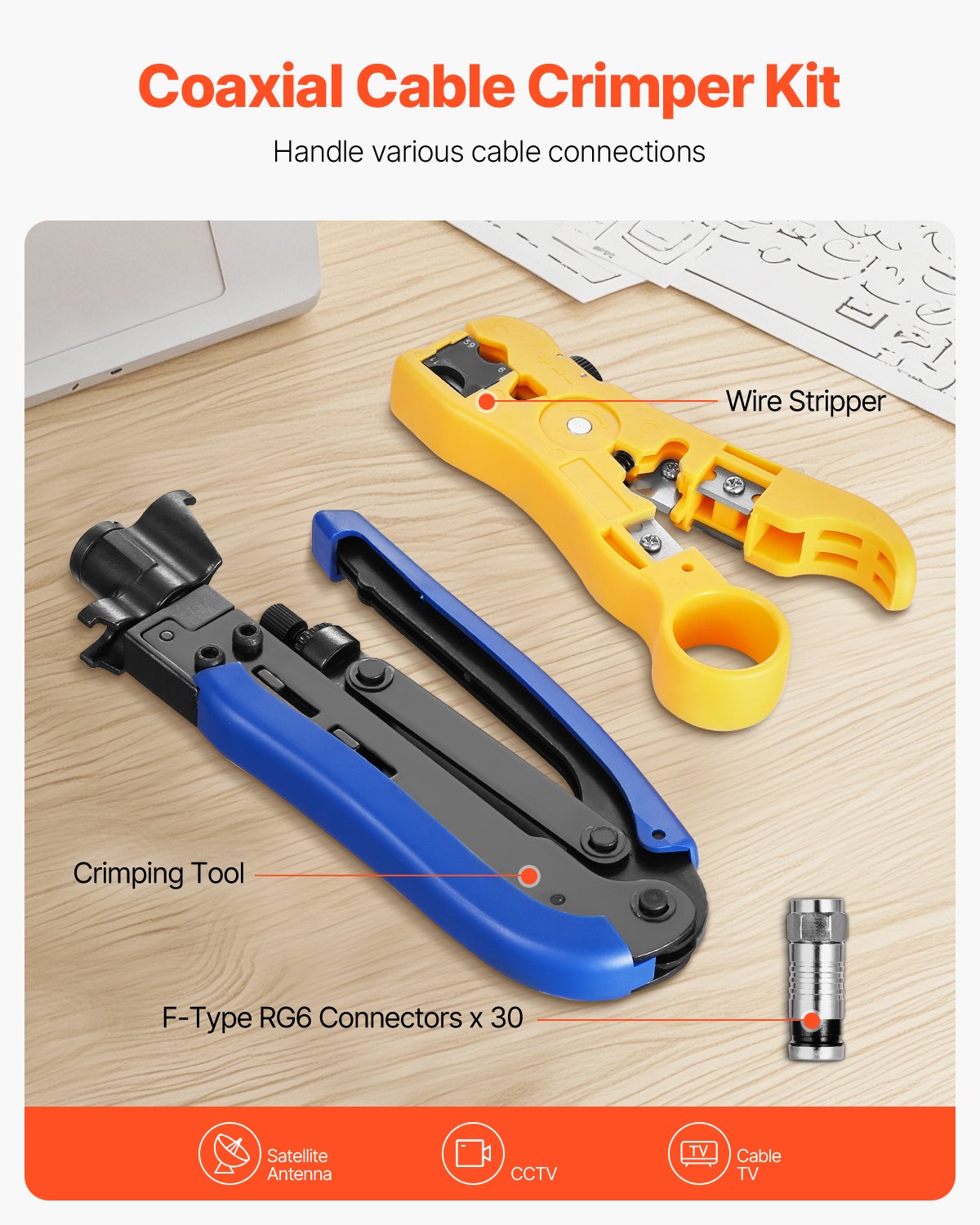 VEVOR Coax Cable Crimper Kit, Coaxial Cable Compression Kit with a Crimping Tool, a Wire Stripper, and 30PCS F-Type RG6 Connector, Compatible with RG6, RG59, RG11 Coax Cable, Lightweight & Portable