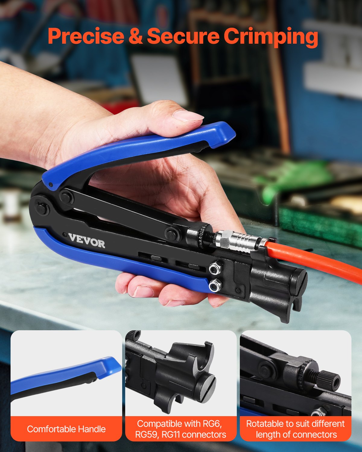 VEVOR Coax Cable Crimper Kit, Coaxial Cable Compression Kit with a Crimping Tool, a Wire Stripper, and 30PCS F-Type RG6 Connector, Compatible with RG6, RG59, RG11 Coax Cable, Lightweight & Portable