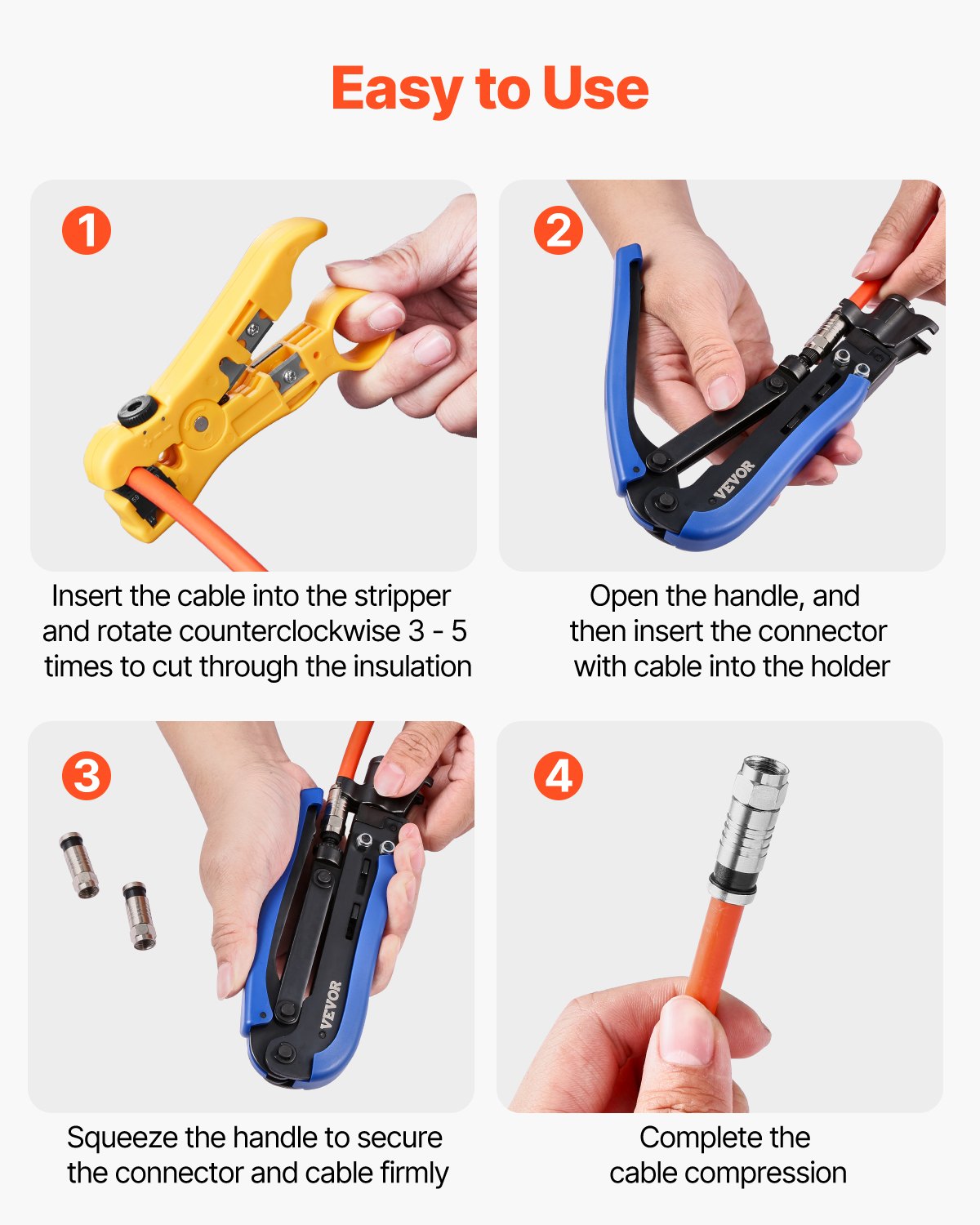 VEVOR Coax Cable Crimper Kit, Coaxial Cable Compression Kit with a Crimping Tool, a Wire Stripper, and 30PCS F-Type RG6 Connector, Compatible with RG6, RG59, RG11 Coax Cable, Lightweight & Portable