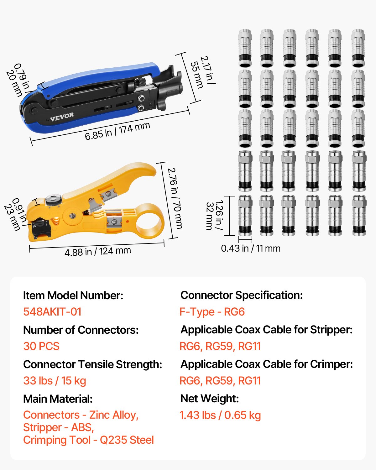 VEVOR Coax Cable Crimper Kit, Coaxial Cable Compression Kit with a Crimping Tool, a Wire Stripper, and 30PCS F-Type RG6 Connector, Compatible with RG6, RG59, RG11 Coax Cable, Lightweight & Portable