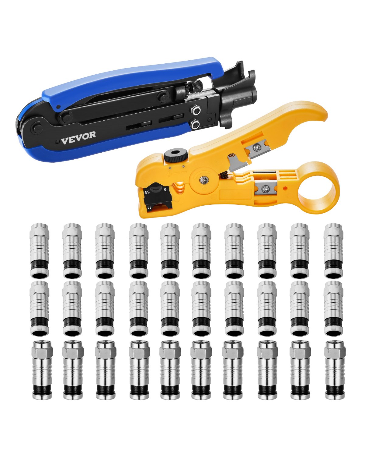 VEVOR Coax Cable Crimper Kit, Coaxial Cable Compression Kit with a Crimping Tool, a Wire Stripper, and 30PCS F-Type RG6 Connector, Compatible with RG6, RG59, RG11 Coax Cable, Lightweight & Portable