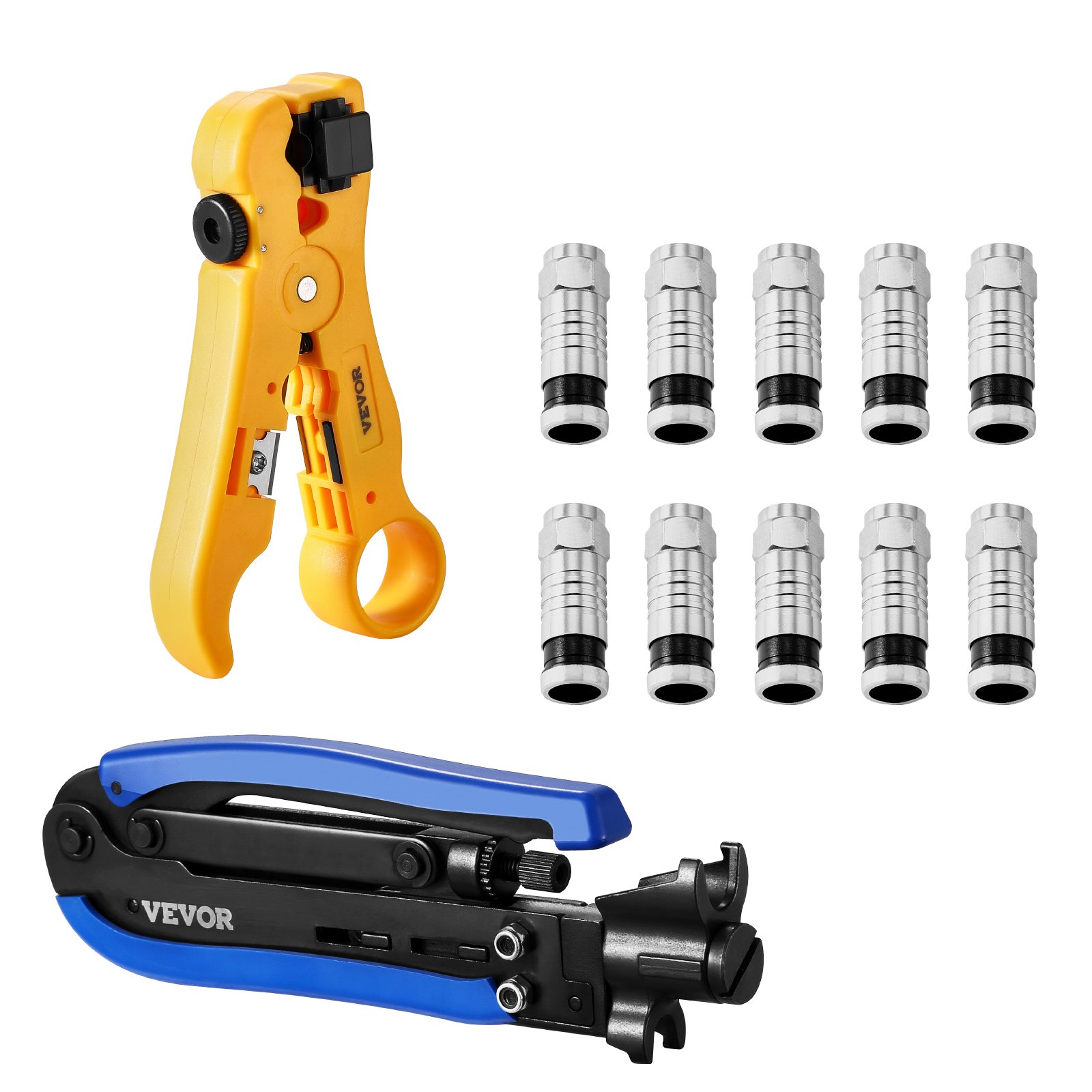 VEVOR Coax Cable Crimper Kit, Coaxial Cable Compression Kit with a Crimping Tool, a Wire Stripper, and 30PCS F-Type RG6 Connector, Compatible with RG6, RG59, RG11 Coax Cable, Lightweight & Portable