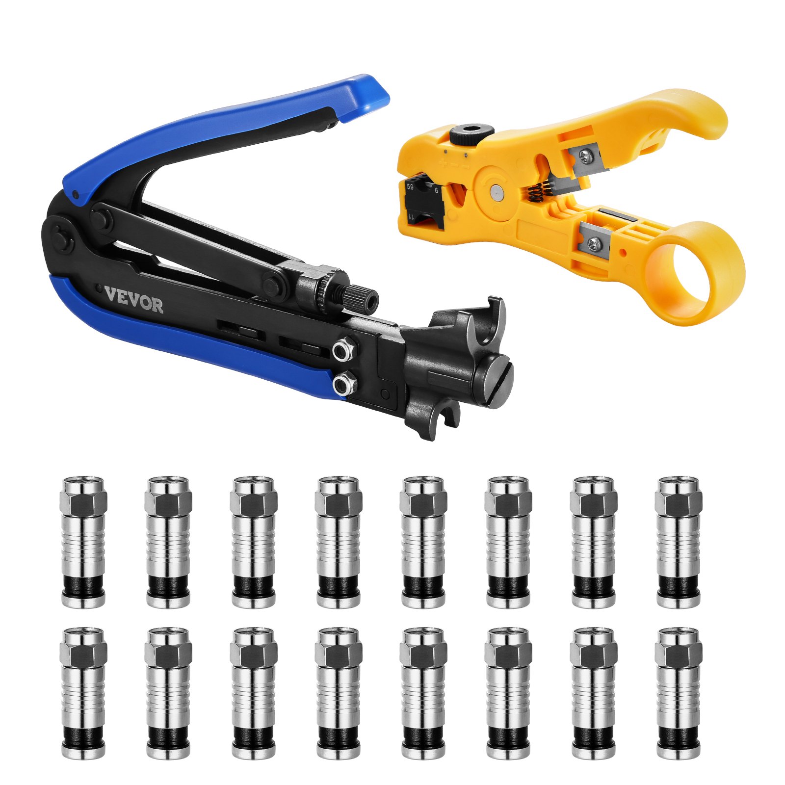 VEVOR Coax Cable Crimper Kit, Coaxial Cable Compression Kit with a Crimping Tool, a Wire Stripper, and 30PCS F-Type RG6 Connector, Compatible with RG6, RG59, RG11 Coax Cable, Lightweight & Portable