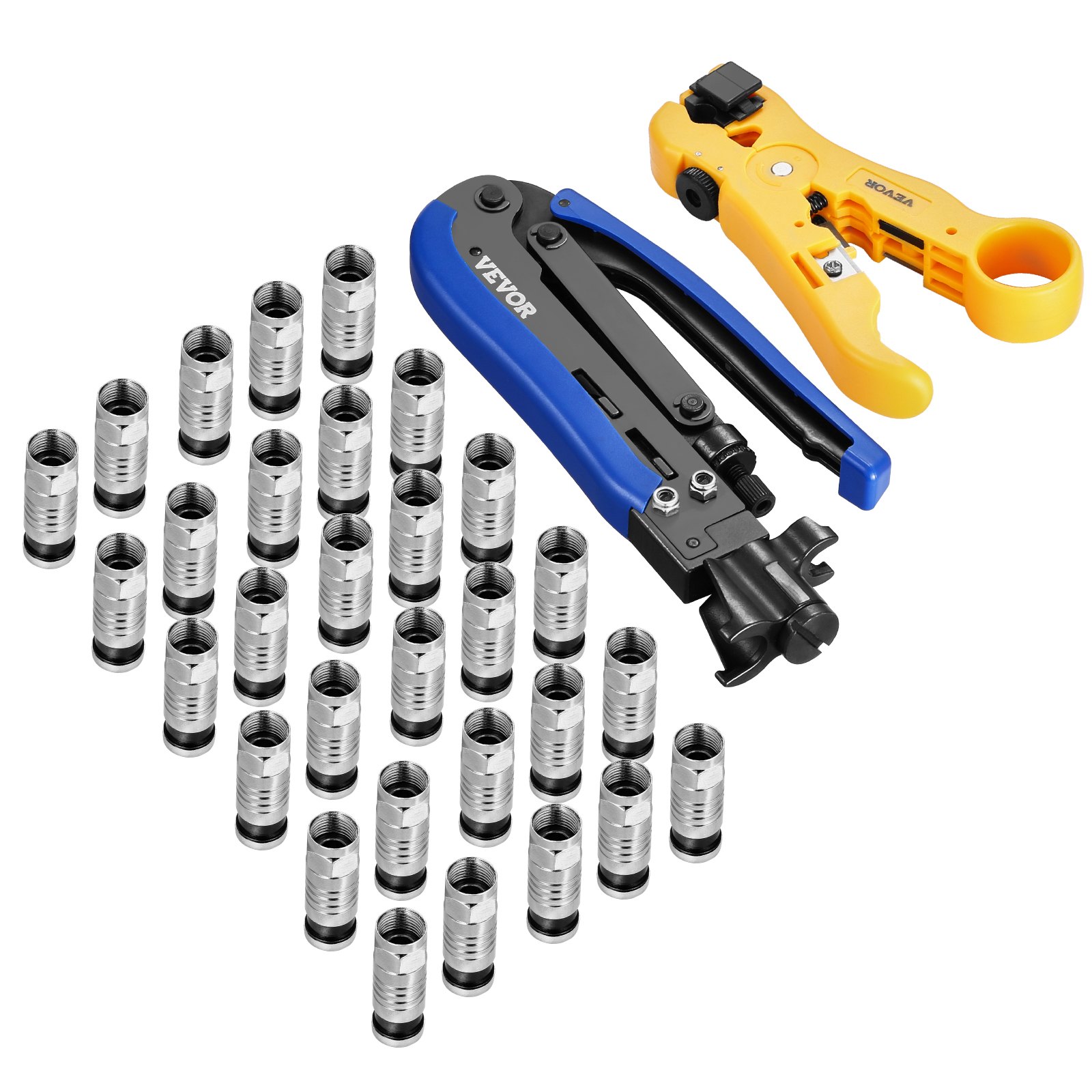 VEVOR Coax Cable Crimper Kit, Coaxial Cable Compression Kit with a Crimping Tool, a Wire Stripper, and 30PCS F-Type RG6 Connector, Compatible with RG6, RG59, RG11 Coax Cable, Lightweight & Portable