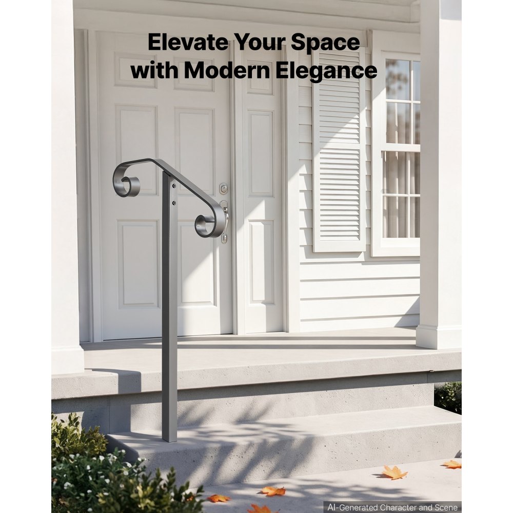 VEVOR Handrails for Outdoor Steps, 1-2 Step Single-Post Stair Hand Rail Kit, Gray Stair Rails for Seniors, Concrete Steps & Porch & Deck, Heavy-Duty Galvanized Steel Railings w/ Installation Hardware