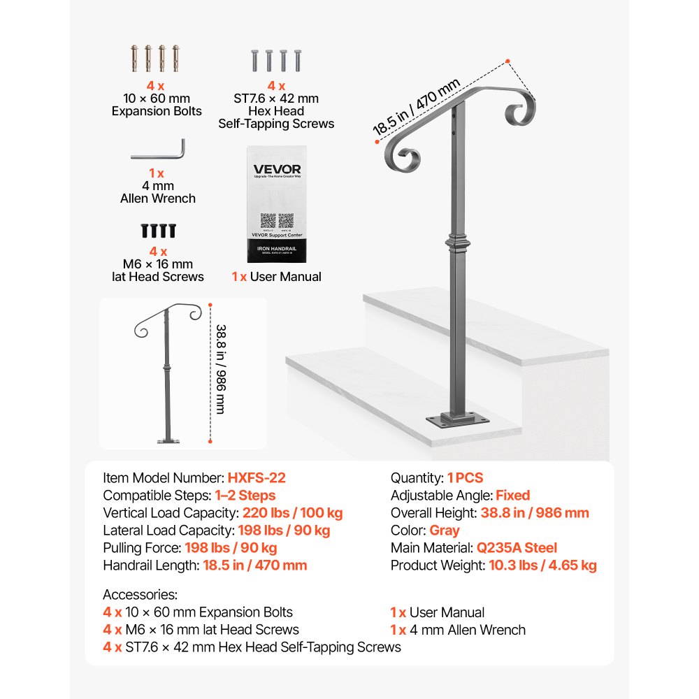 VEVOR Handrails for Outdoor Steps, 1-2 Step Single-Post Stair Hand Rail Kit, Gray Stair Rails for Seniors, Concrete Steps & Porch & Deck, Heavy-Duty Galvanized Steel Railings w/ Base & Installation Kit