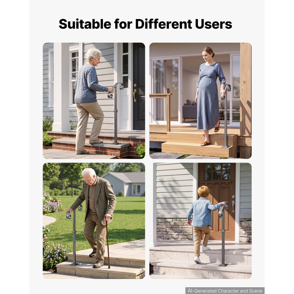 VEVOR Handrails for Outdoor Steps, 1-2 Step Single-Post Stair Hand Rail Kit, Gray Stair Rails for Seniors, Concrete Steps & Porch & Deck, Heavy-Duty Galvanized Steel Railings w/ Base & Installation Kit