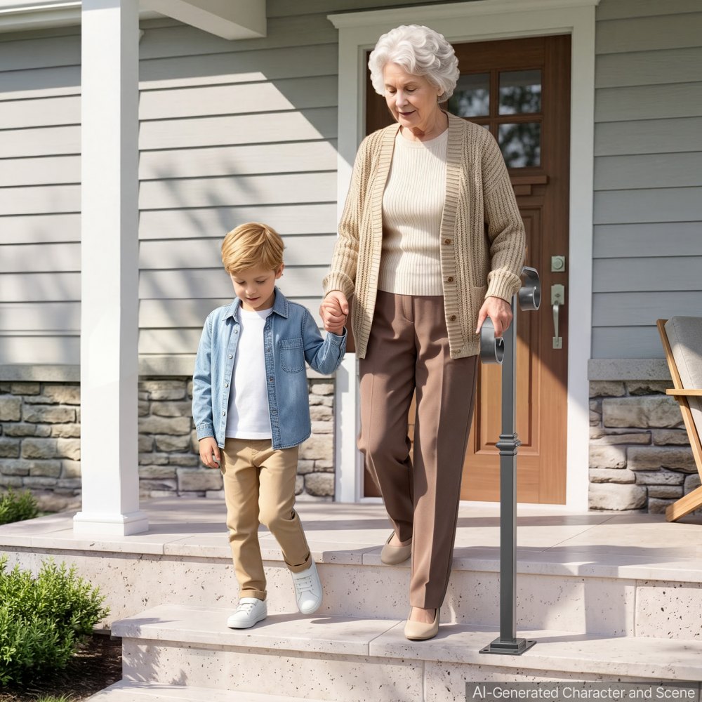 VEVOR Handrails for Outdoor Steps, 1-2 Step Single-Post Stair Hand Rail Kit, Gray Stair Rails for Seniors, Concrete Steps & Porch & Deck, Heavy-Duty Galvanized Steel Railings w/ Base & Installation Kit