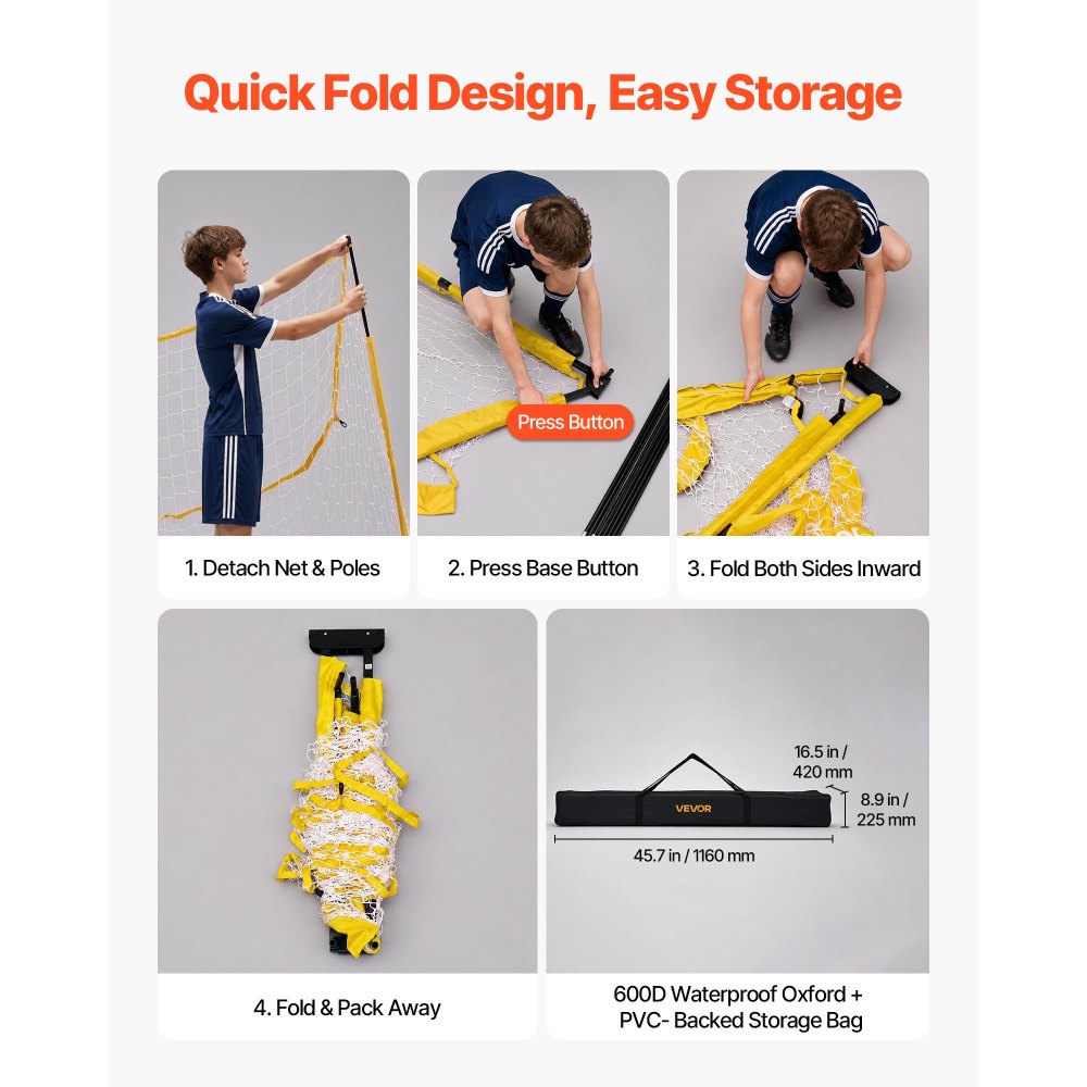 VEVOR Soccer Goal 3.6 x 1.8 m Soccer Net for Backyard Collapsible Base Yellow, Portable & Quick Setup, with Metal Base, Carry Bag, Ground Stakes, for Youth & Adults Outdoor Backyard Practice Training