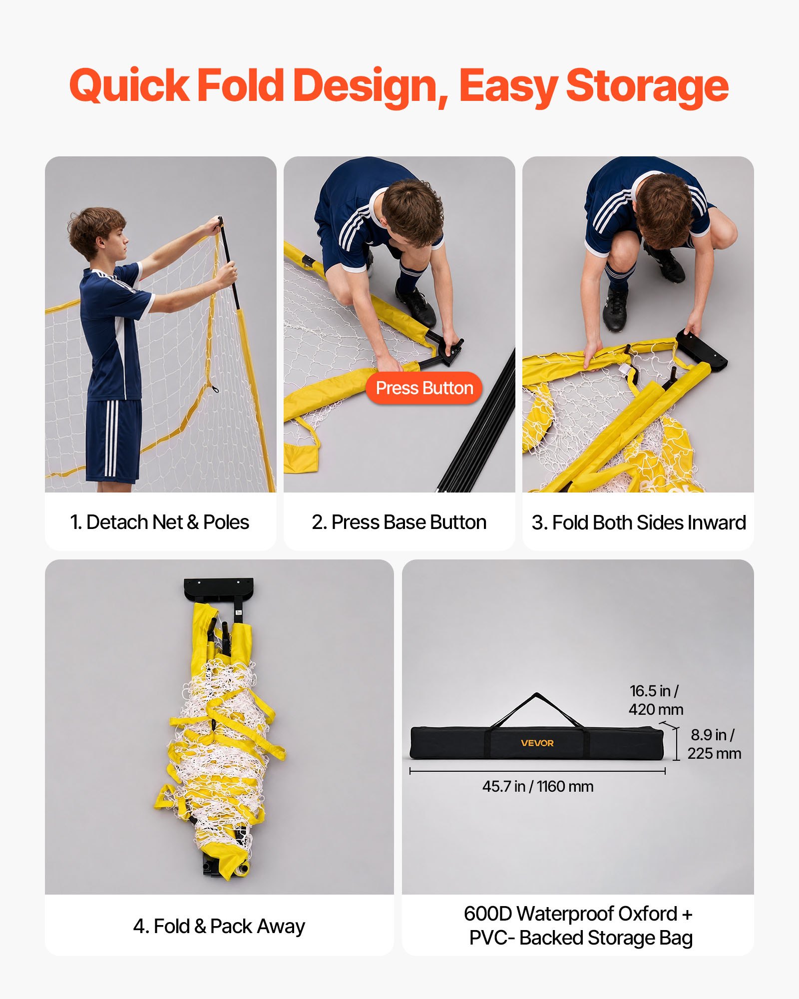 VEVOR Soccer Goal 3.6 x 1.8 m Soccer Net for Backyard Collapsible Base Yellow, Portable & Quick Setup, with Metal Base, Carry Bag, Ground Stakes, for Youth & Adults Outdoor Backyard Practice Training