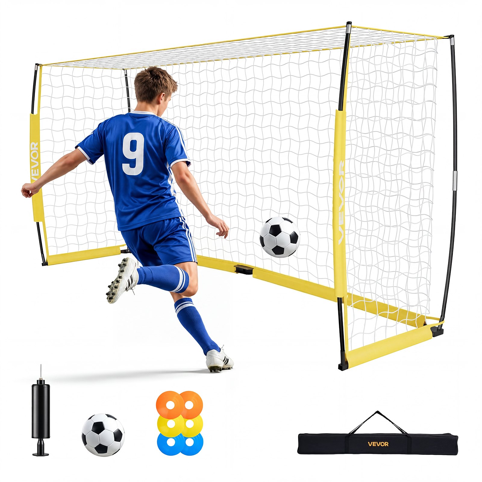 VEVOR Soccer Goal 3.6 x 1.8 m Soccer Net for Backyard Collapsible Base Yellow, Portable & Quick Setup, with Metal Base, Carry Bag, Ground Stakes, for Youth & Adults Outdoor Backyard Practice Training