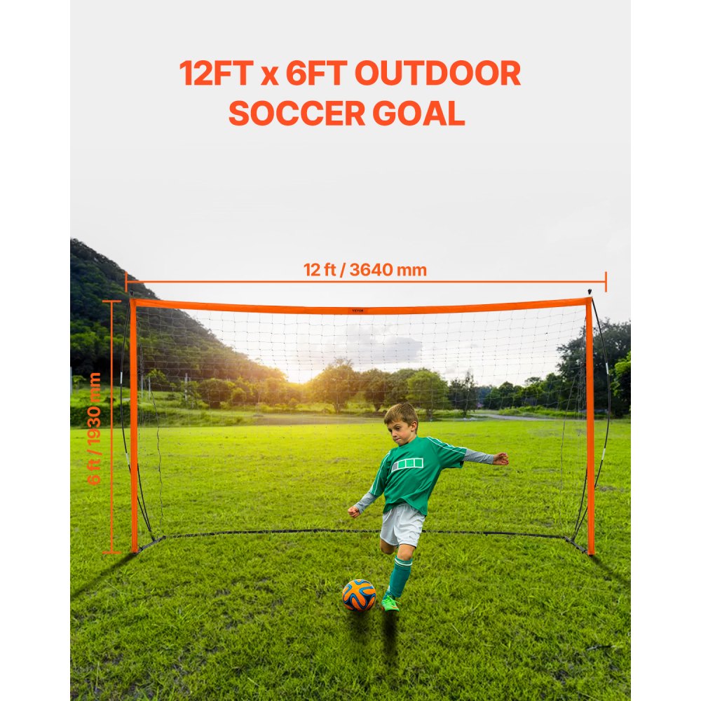 VEVOR Portable Soccer Goal, 12x6 ft Adults Kids Backyard Soccer Net, Large Practice Soccer Net, Steel Fiberglass Structure Training Goal Set, All-Weather Outdoor Soccer Goals with Carry Bag, Orange