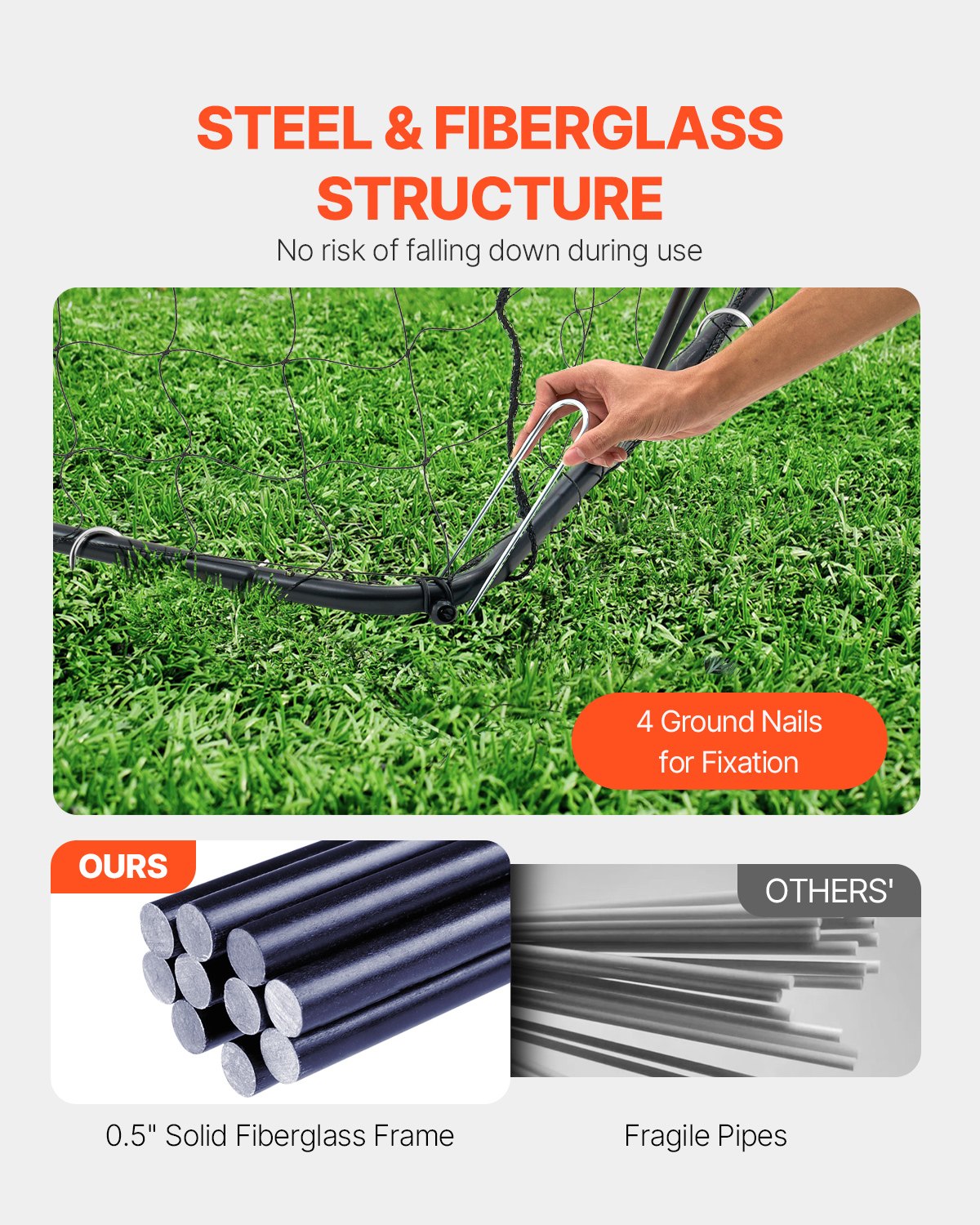 VEVOR Portable Soccer Goal, 12x6 ft Adults Kids Backyard Soccer Net, Large Practice Soccer Net, Steel Fiberglass Structure Training Goal Set, All-Weather Outdoor Soccer Goals with Carry Bag, Orange
