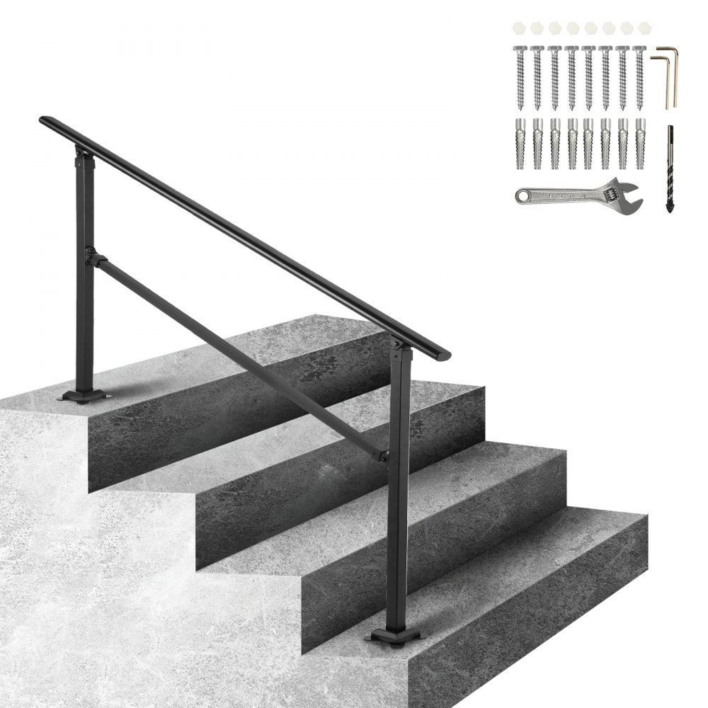 black VEVOR outdoor stair railing on concrete steps with installation tools set.