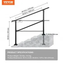 VEVOR Outdoor Stair Railing, Fits for 1-4 Steps Transitional Wrought Iron Handrail, Adjustable Exterior Stair Railing, Handrails for Concrete Steps with Installation Kit, Matte Black Outdoor Handrail