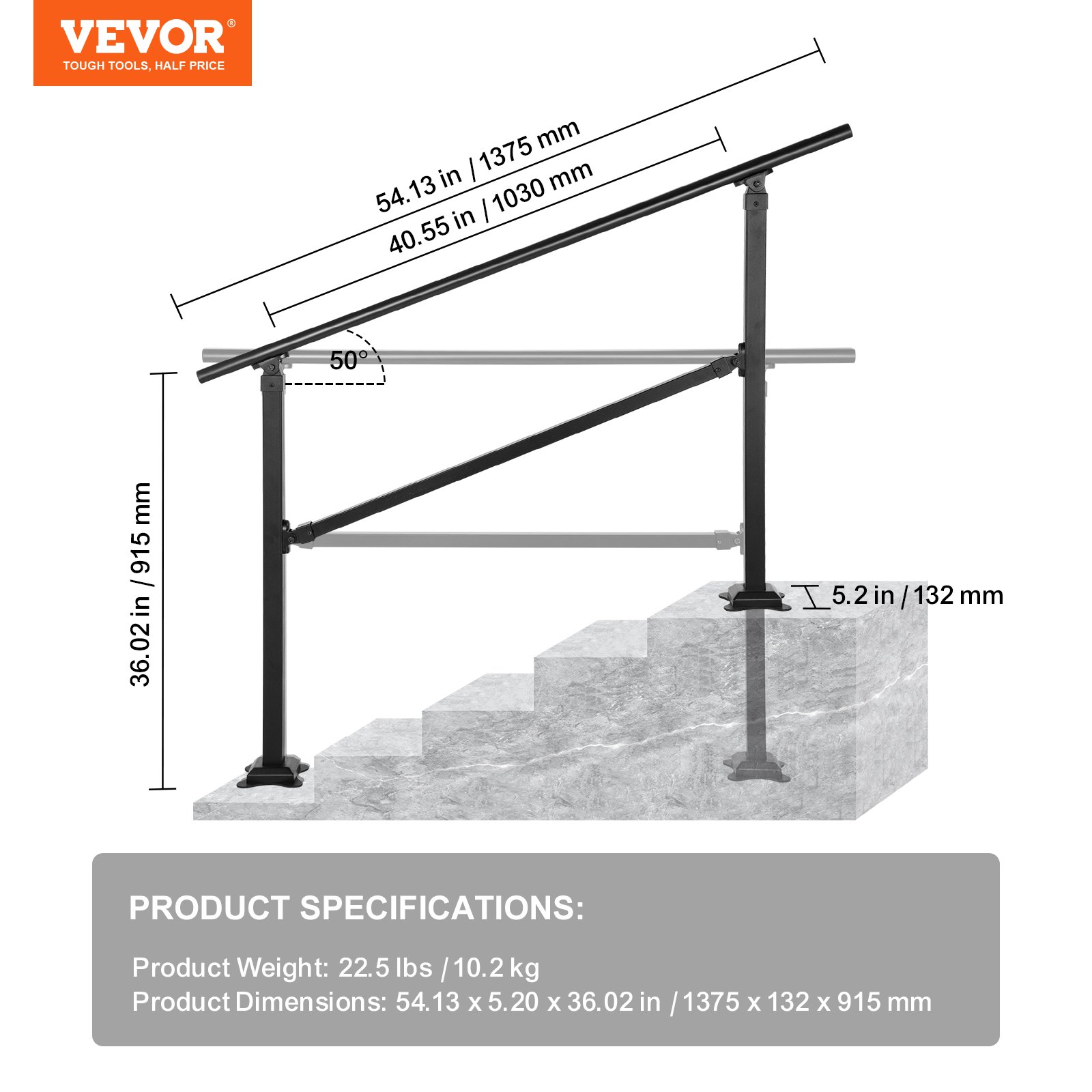 VEVOR outdoor stair railing with product dimensions and specifications on stone steps.