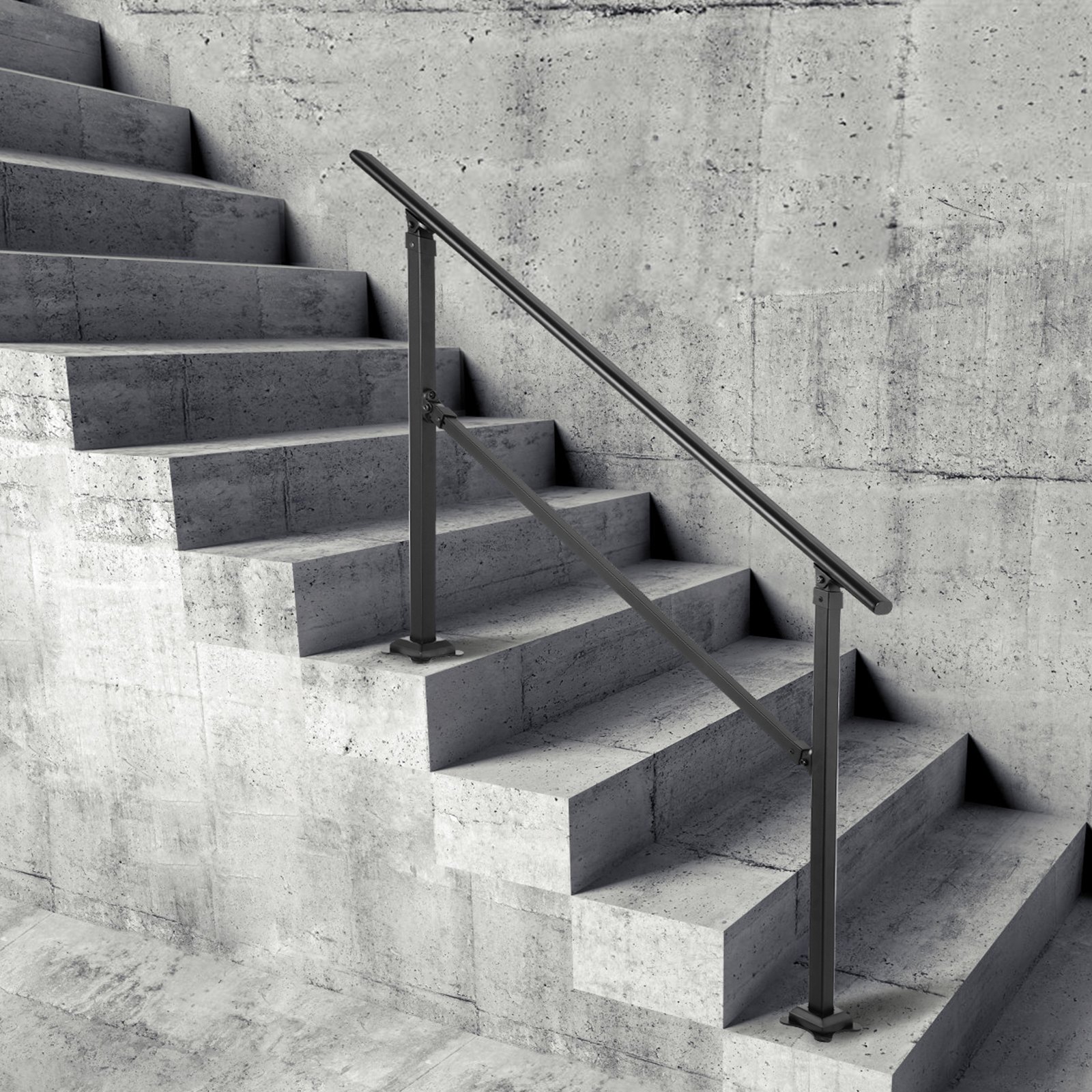concrete steps with sleek VEVOR outdoor stair railing against a textured concrete wall.