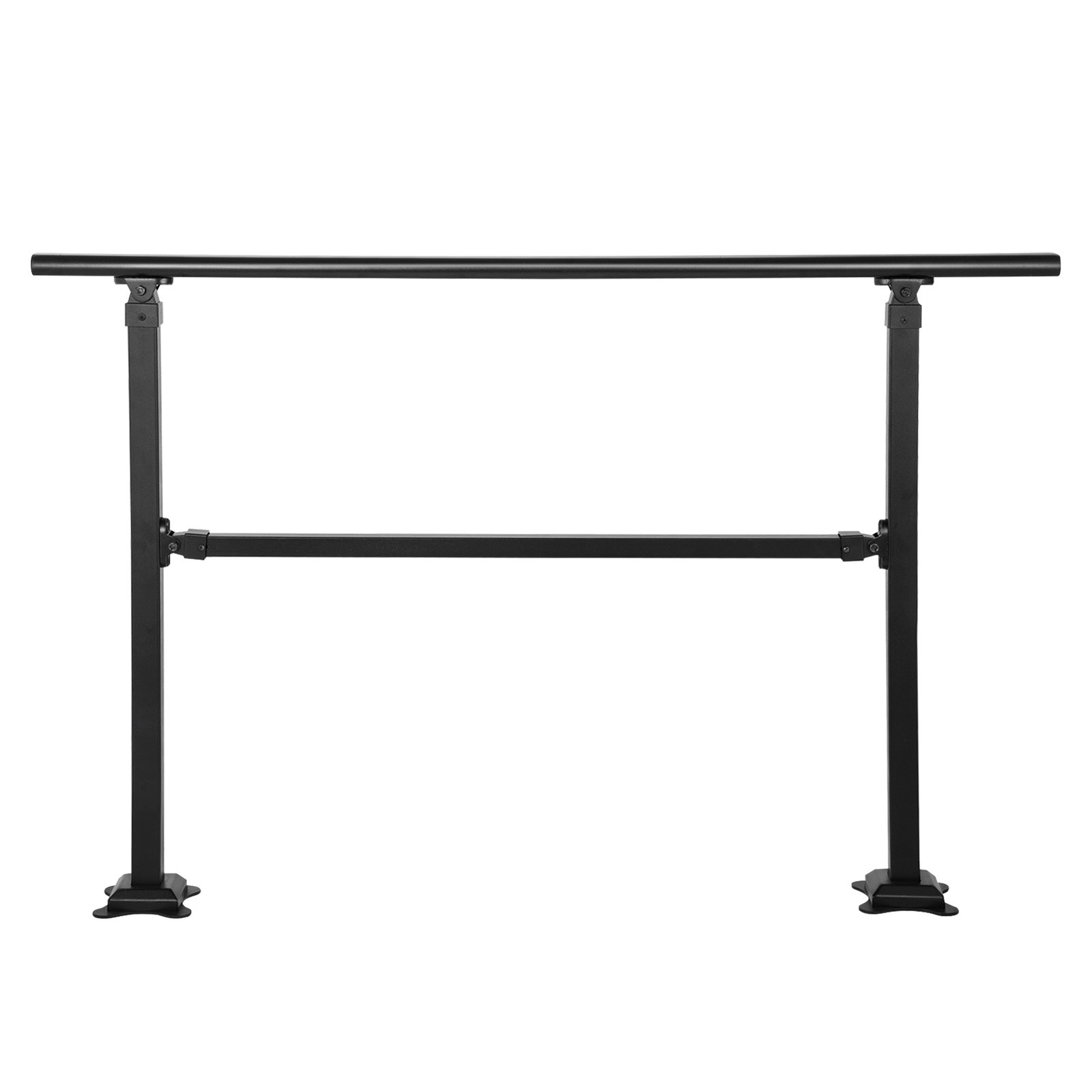 VEVOR outdoor stair railing in black, featuring dual vertical supports and a horizontal bar.