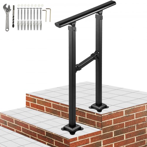 VEVOR Outdoor Stair Railing, Fits for 0-2 Step Transitional Wrought Iron Handrail, Adjustable Exterior Stair Railing, Handrails for Concrete Steps with Installation Kit, Matte Black Outdoor Handrail