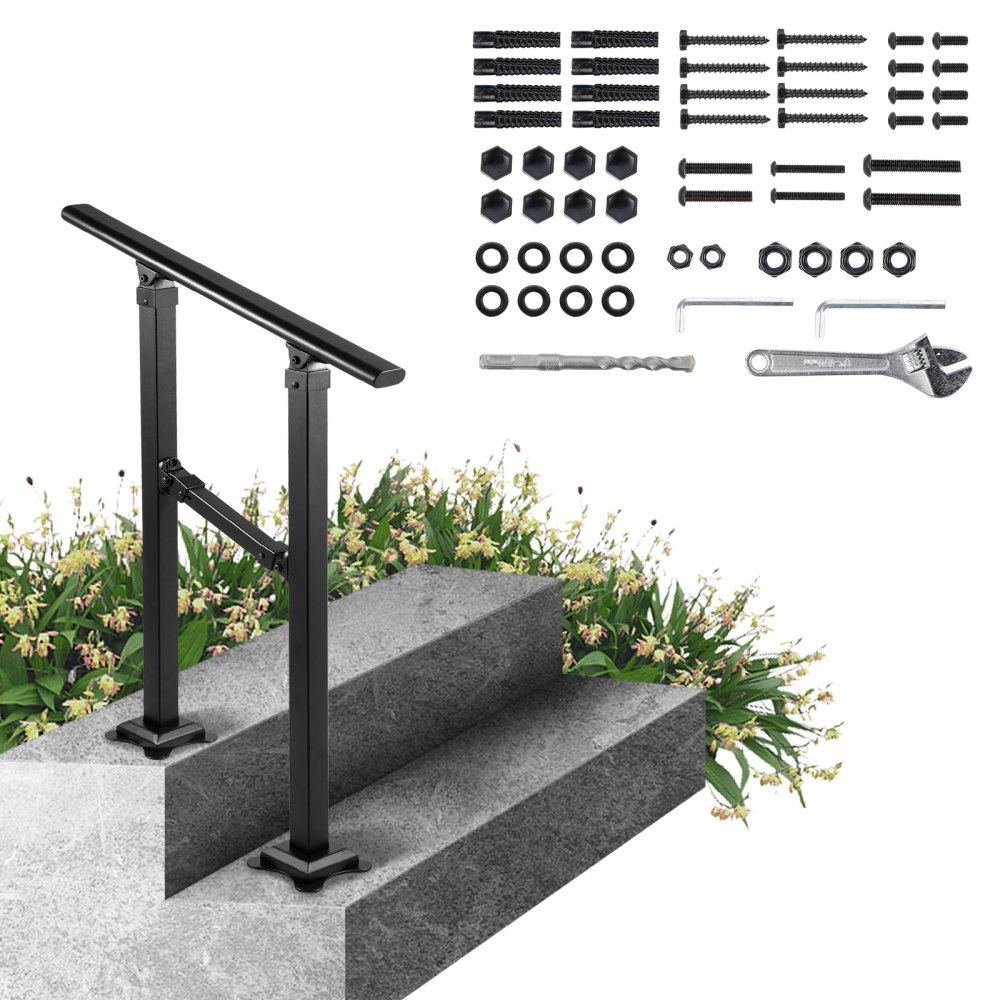 VEVOR outdoor stair railing with installation tools and black hardware set.