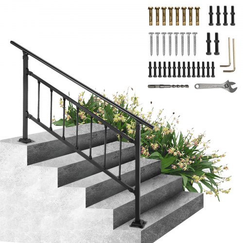 VEVOR Outdoor Stair Railing Fits for 1 Step Transitional Wrought Iron Handrail Adjustable Exterior Stair Railing